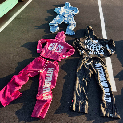 Clothing Manufacturers Custom High Street Rhinestone Distress Embroidered Patch Zipper Hoodies and Sweat Pants Track Suits Set