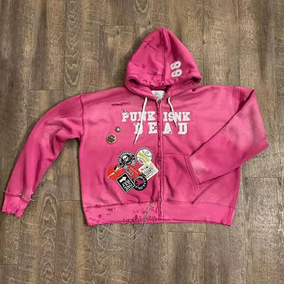 kaufen Gewirkte Patches Logo Säure Waschen Hoodie Sonne verblasste Vintage Reißverschluss Hoodie Online-Herstellung