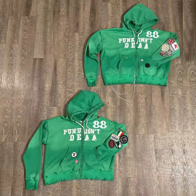 Embroidered Patches Logo Acid Wash Hoodie Sun Faded Vintage Zipper Hoodie