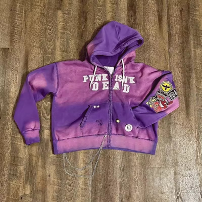 Embroidered Patches Logo Acid Wash Hoodie Sun Faded Vintage Zipper Hoodie