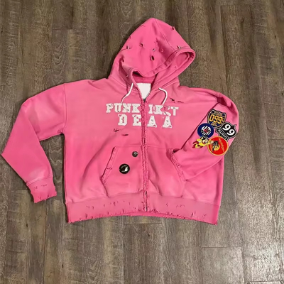 Embroidered Patches Logo Acid Wash Hoodie Sun Faded Vintage Zipper Hoodie