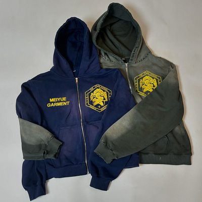 Screen Printed Logo Acid Wash Zip Hoodie Sun Fade Distressed Black Hoodie 420 Grams