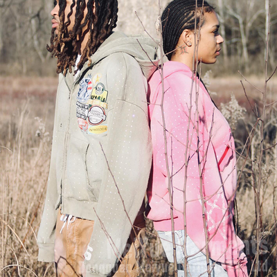 Embroidered Patch Distressed Zip Up Hoodie Cotton French Terry Hoodies Unisex