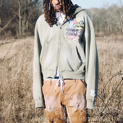 Embroidered Patch Distressed Zip Up Hoodie Cotton French Terry Hoodies Unisex