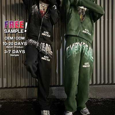 Custom Full Face Zip up Hoodie Screen Print Logo Rhinestone Sweatsuits Acid Wash Stacked Flared Sweatpants and Hoodie Set