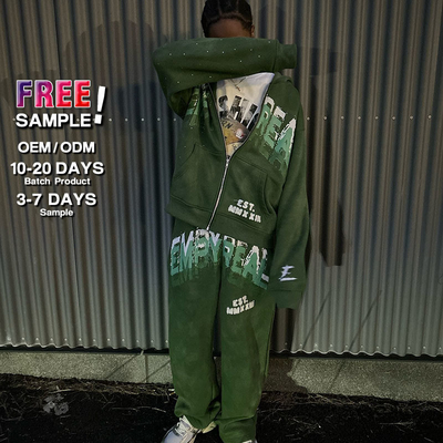 Custom Full Face Zip up Hoodie Screen Print Logo Rhinestone Sweatsuits Acid Wash Stacked Flared Sweatpants and Hoodie Set