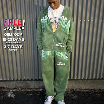 Custom Full Face Zip up Hoodie Screen Print Logo Rhinestone Sweatsuits Acid Wash Stacked Flared Sweatpants and Hoodie Set