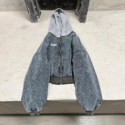 Custom Printing Acid Wash Grey Hoodie Applique Stitching Denim Cropped Stone Washed Hoodie
