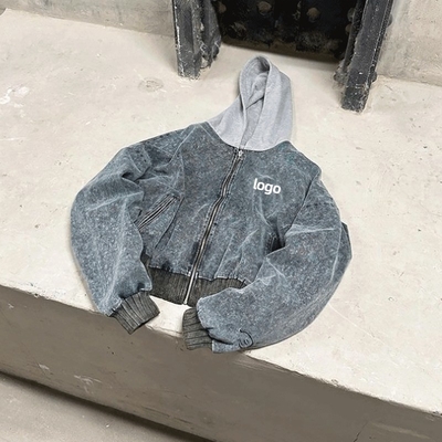 Custom Printing Acid Wash Grey Hoodie Applique Stitching Denim Cropped Stone Washed Hoodie