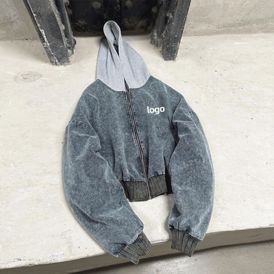 Custom Printing Acid Wash Grey Hoodie Applique Stitching Denim Cropped Stone Washed Hoodie