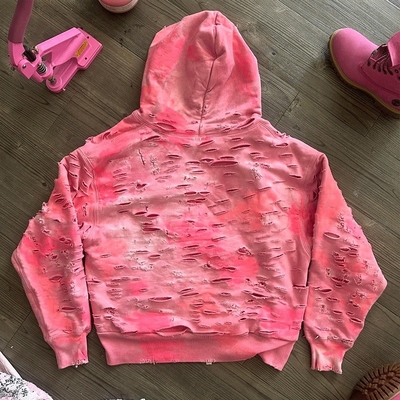Blank Pink Acid Wash Hoodie Distressed Ripped Zip Up Streetwear Vintage Sun Faded Hoodie