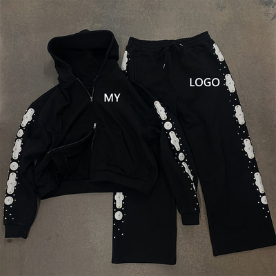 Custom Acid Wash Sweatsuit Embroidery Patchwork Cotton Hoodie Jogging Suits Flared Sweatpants and Hoodie Set Tracksuits for Men