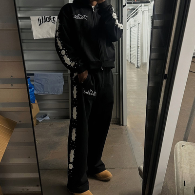 Custom Acid Wash Sweatsuit Embroidery Patchwork Cotton Hoodie Jogging Suits Flared Sweatpants and Hoodie Set Tracksuits for Men