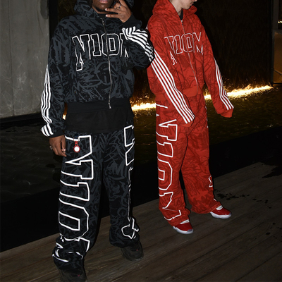 kaufen Bekleidungshersteller Custom Full Print Letter Logo Reißverschluss Hoodies gestapelt gerade Bagyy Hoodie und Sweatpants Set Online-Herstellung