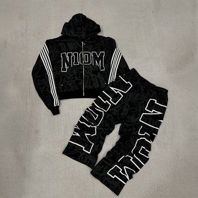 Clothing Manufacturers Custom Full Print Letter Logo Zip up Hoodies Stacked Straight Bagyy Oversized Hoodie and Sweatpants Set
