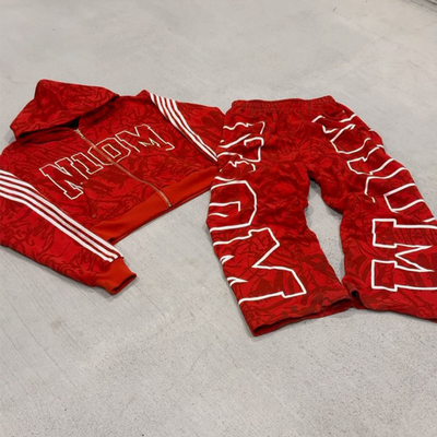 Clothing Manufacturers Custom Full Print Letter Logo Zip up Hoodies Stacked Straight Bagyy Oversized Hoodie and Sweatpants Set