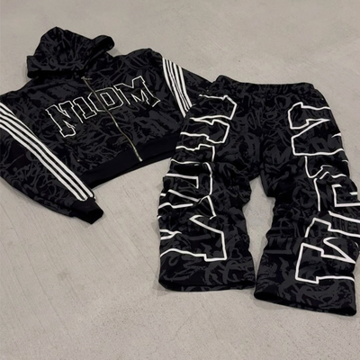 Clothing Manufacturers Custom Full Print Letter Logo Zip up Hoodies Stacked Straight Bagyy Oversized Hoodie and Sweatpants Set