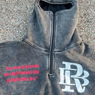 Screen Printed Logo Balaclava Zip Hoodie Streetwear Pullover Hoodies Anti Pilling