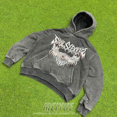 Heavy Vintage Distressed Grey Acid Wash Hoodie Drawstring Design OEM Service