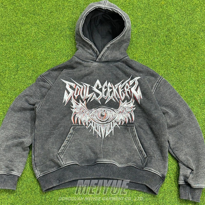 Heavy Vintage Distressed Grey Acid Wash Hoodie Drawstring Design OEM Service