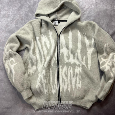 Custom Knit Mohair Logo Vintage Distressed Hoodies Warm Heavyweight Streetwear Zip Up Hoodie