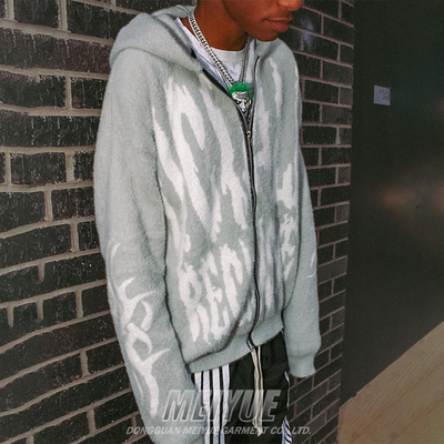 Custom Knit Mohair Logo Vintage Distressed Hoodies Warm Heavyweight Streetwear Zip Up Hoodie