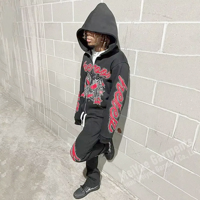 Custom Print Logo Streetwear Stacked Flare Pants Rhinestone Hoodie Joggers Acid Washed Sweatsuit Unisex Sets Tracksuits for Men