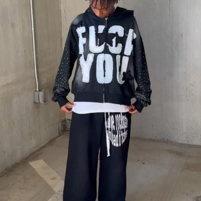 Customizable Distressed Applique Embroidery Hoodie Rhinestone Zip Hoodie O Neck