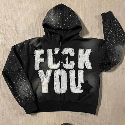 Customizable Distressed Applique Embroidery Hoodie Rhinestone Zip Hoodie O Neck