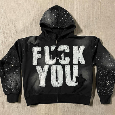Customizable Distressed Applique Embroidery Hoodie Rhinestone Zip Hoodie O Neck