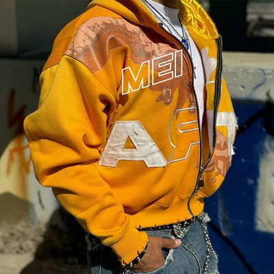 Custom Cropped Embroidery Distressed Hoodie Zip up Jacket Acid Wash Vintage Men Stain Lined Double Layer Streetwear Hoodie