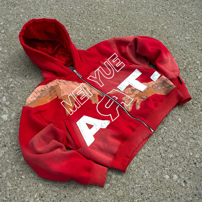 Custom Cropped Embroidery Distressed Hoodie Zip up Jacket Acid Wash Vintage Men Stain Lined Double Layer Streetwear Hoodie