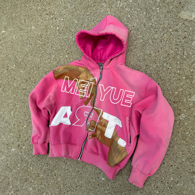 Custom Cropped Embroidery Distressed Hoodie Zip up Jacket Acid Wash Vintage Men Stain Lined Double Layer Streetwear Hoodie