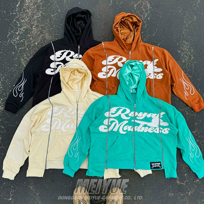 Custom Made Satin Lined Distressed Zip Hoodie Men 3d Puff Print Double Layer Hoodie Jacket