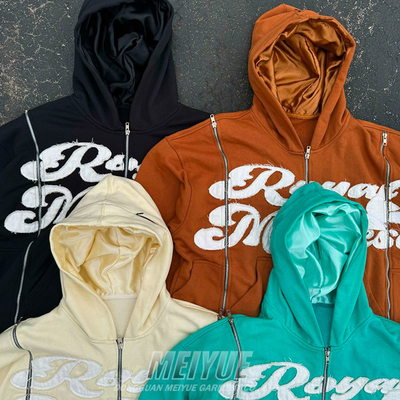 Custom Made Satin Lined Distressed Zip Hoodie Men 3d Puff Print Double Layer Hoodie Jacket