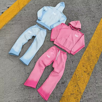 Custom Faded Vintage Jogging Set Zip up Tracksuit Sweat Suit Hoodie and Straight Leg Flared Sweatpants Acid Wash Two Piece Set