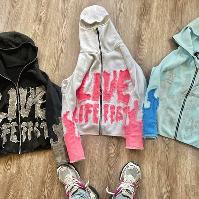 comprar Roupas de rua Distressed Aplique bordado Hoodie Cut Edge Distressed Hoodie recortado Fabricação em linha