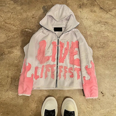 Streetwear Distressed Applique Embroidery Hoodie Cut Edge Distressed Cropped Hoodie