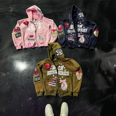 Zipper Distressed Applique Embroidery Hoodie For Men 200 Grams To 500 Grams