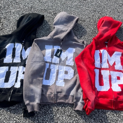 Letter Distressed Applique Embroidery Hoodie 100 Cotton Zip Up Mens Zipper Hoodies