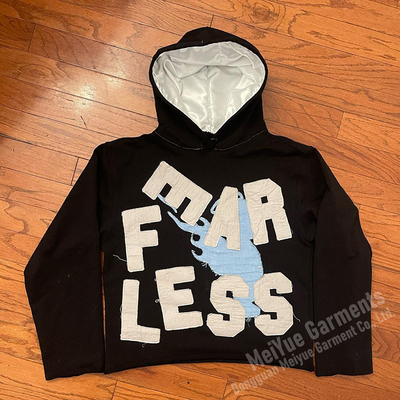 comprar Pullover com bordado de aplicação de angústia Dupla camada revestida com manchas Pullover de angústia com capuz Fabricação em linha