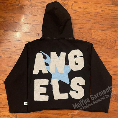 Distressed Applique Embroidery Hoodie Double Layer Stain Lined Distressed Pullover Hoodie