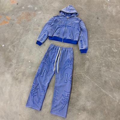 Manufacturers Custom Sun Faded Embossing Full Print Acid Wash Vintage Zipper Cropped Tracksuit Hoodies Sweatpants and Hoodie Set