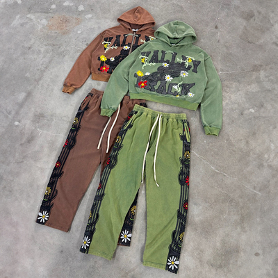 Manufacturers Custom Sun Faded Embossing Full Print Acid Wash Vintage Zipper Cropped Tracksuit Hoodies Sweatpants and Hoodie Set