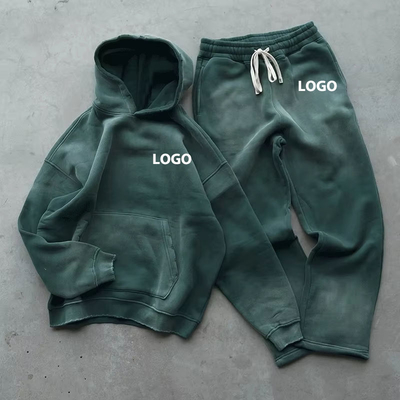 Custom Logo Sun Faded Heavyweight Fleece Puffy Vintage Sweatsuit Sets Oversized 3d Puff Print Two Pieces Jogger Tracksuit Sets