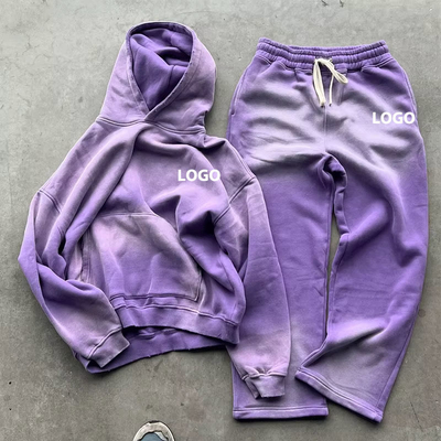 Custom Logo Sun Faded Heavyweight Fleece Puffy Vintage Sweatsuit Sets Oversized 3d Puff Print Two Pieces Jogger Tracksuit Sets