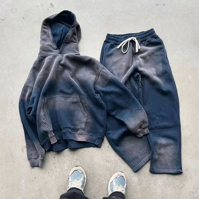 Custom Logo Sun Faded Heavyweight Fleece Puffy Vintage Sweatsuit Sets Oversized 3d Puff Print Two Pieces Jogger Tracksuit Sets