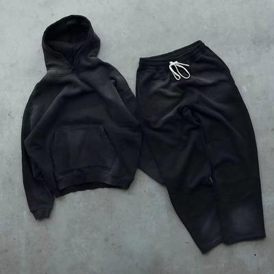 Custom Logo Sun Faded Heavyweight Fleece Puffy Vintage Sweatsuit Sets Oversized 3d Puff Print Two Pieces Jogger Tracksuit Sets