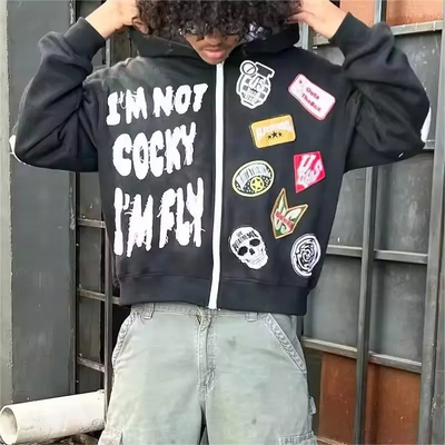 Custom Acid Wash Zip Up Hoodie Heavyweight Boxy Cropped Hoodies  500 Grams