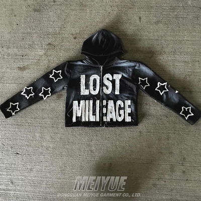 Leather Applique Embroidery Hoodie Cropped Raw Hem Hoodie 420 Grams 480 Grams